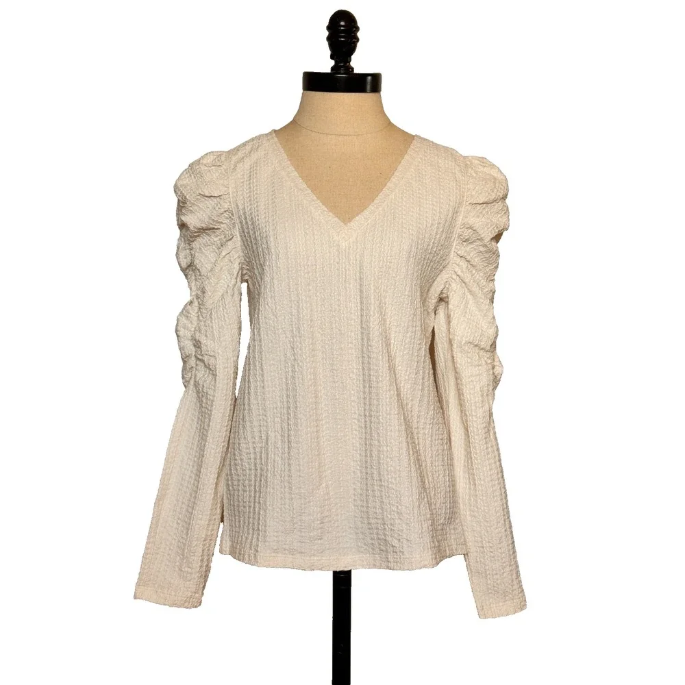 NWT LOFT Womens‎ S Top Long Sleeve Puff Shoulders Ivory Cream Ruched Stretch